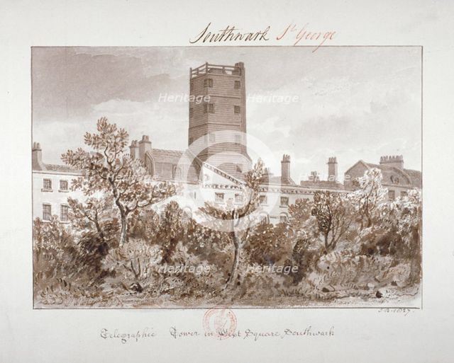 View of telegraphic tower in West Square, Southwark, London, 1827. Artist: John Chessell Buckler