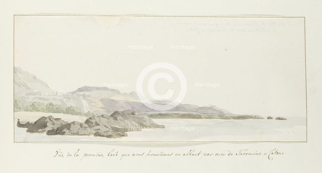 View of the coast at Taormina with lava stream, 1778. Creator: Louis Ducros.