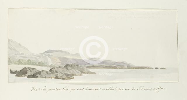 View of the coast at Taormina with lava stream, 1778. Creator: Louis Ducros.