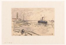 View of the coast of IJmuiden with lighthouse and ship, 1902. Creator: Carel Nicolaas Storm