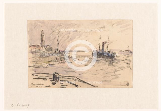View of the coast of IJmuiden with lighthouse and ship, 1902. Creator: Carel Nicolaas Storm.