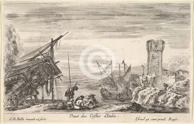 View of the coast of Italy (Veue des Costes d'Italie), the bow of a ship resting to left..., 1647. Creator: Stefano della Bella.