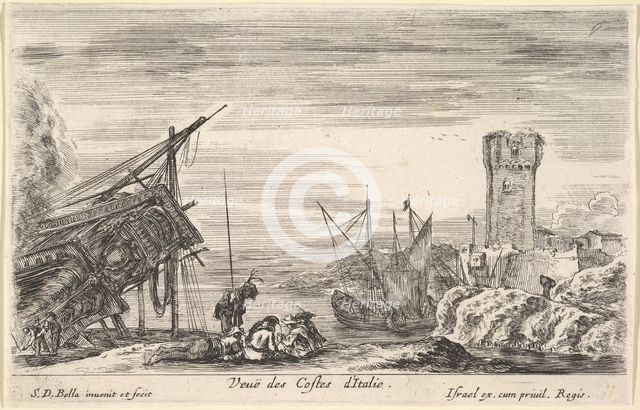 View of the coast of Italy (Veue des Costes d'Italie), the bow of a ship resting to left..., 1647. Creator: Stefano della Bella.