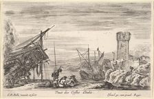 View of the coast of Italy (Veue des Costes d'Italie), the bow of a ship resting to left..., 1647. Creator: Stefano della Bella