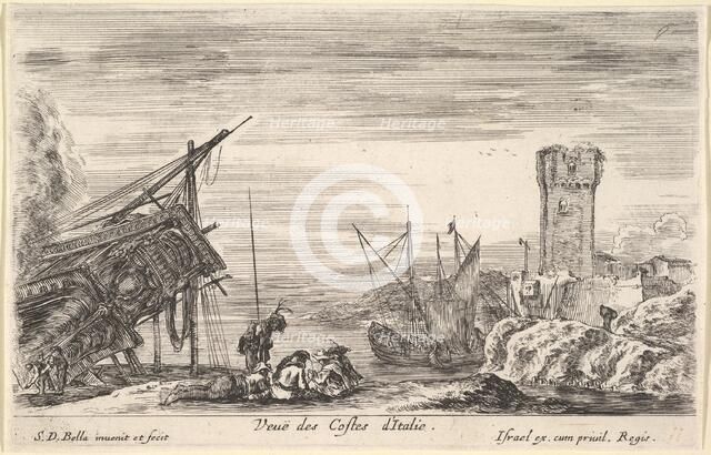 View of the coast of Italy (Veue des Costes d'Italie), the bow of a ship resting to left..., 1647. Creator: Stefano della Bella.