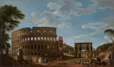 View of the Colosseum and the Arch of Constantine, c1745. Creator: Pannini (Panini), Giovanni Paolo (1691-1765)