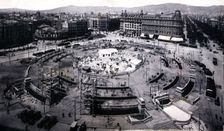 View of the Catalonia Square in Barcelona with the new order and works in the center of the squar…