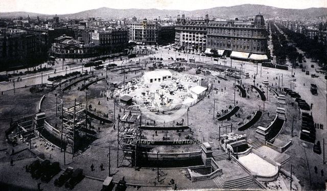 View of the Catalonia Square in Barcelona with the new order and works in the center of the squar…