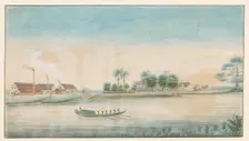 View of the Catharina Sophia sugar plantation from the water, c.1860. Creator: Alexander Ludwich Brockmann
