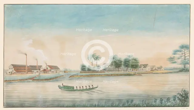 View of the Catharina Sophia sugar plantation from the water, c.1860. Creator: Alexander Ludwich Brockmann.