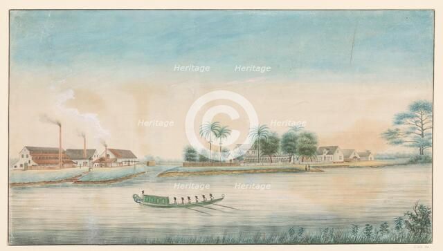 View of the Catharina Sophia sugar plantation from the water, c.1860. Creator: Alexander Ludwich Brockmann.