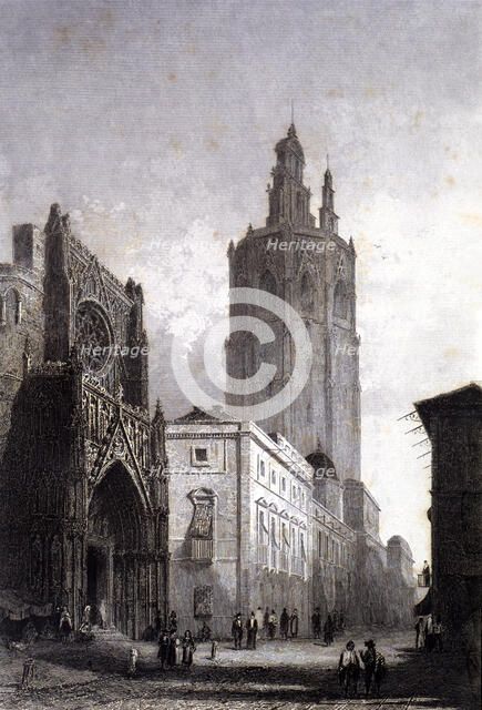View of the Cathedral and the Miquelet tower in Valencia, engraving in 'Voyage Pittoresque en Esp…