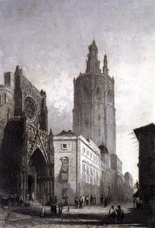 View of the Cathedral and the Miquelet tower in Valencia, engraving in Voyage Pittoresque en Esp…