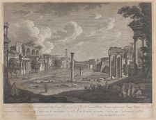 View of the Campo Vaccino, with the Colosseum in the background and the ruins of the Templ..., 1796. Creator: François Morel