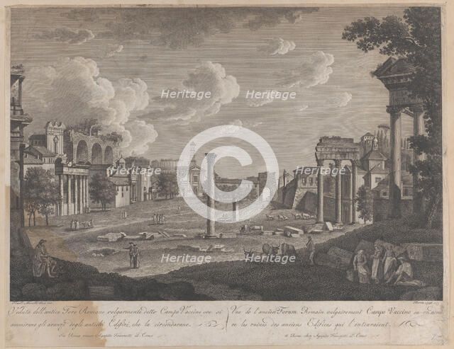 View of the Campo Vaccino, with the Colosseum in the background and the ruins of the Templ..., 1796. Creator: François Morel.