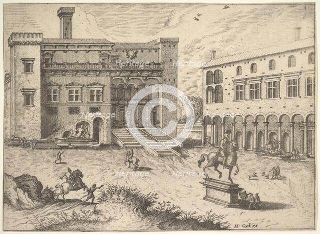 View of the Campidoglio on the Capitoline Hill, with equestrian statue at lower right, fro..., 1562. Creator: Johannes van Doetecum I.