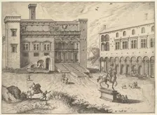 View of the Campidoglio on the Capitoline Hill, with equestrian statue at lower right, fro..., 1562. Creator: Johannes van Doetecum I