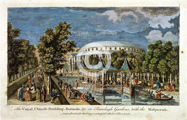 View of the Canal, Chinese Building and Rotunda in Ranelagh Gardens, Chelsea, London, c1750. Artist: Anon