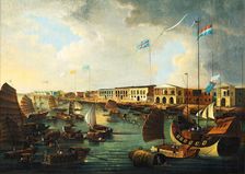 View of the Canton Factories, the Pearl River and junks and other vessels, Early 19th cen.. Creator: Anonymous ()