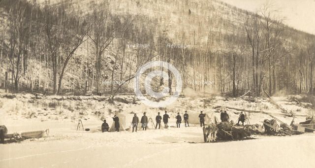 View of the caravan (camp) of the exploration party on the ice of the Zeya River, 1909. Creator: Vladimir Ivanovich Fedorov.