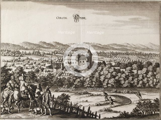 View of the castle of Oron, Switzerland with a hare hunter in the foreground, 1653. Artist: Caspar Merian.