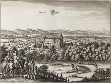 View of the castle of Oron, Switzerland with a hare hunter in the foreground, 1653. Artist: Caspar Merian
