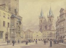 View of the Church of Our Lady before Týn and the Marian Column in Prague's Old Town Square. Creator: Rudolf von Alt