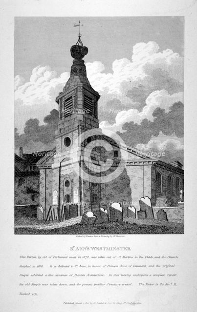 View of the Church of St Anne, Soho, across the graveyard, London, 1810. Artist: W Preston