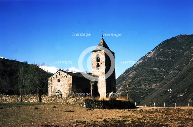 View of the Church of the Assumption in the village Coll de Tor built with large stone blocks.