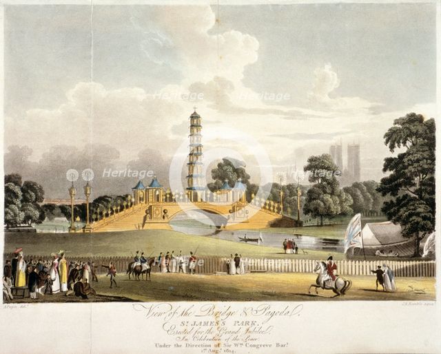 View of the Chinese bridge and pagoda in St James's Park, London, 1814. Artist: JR Hamble