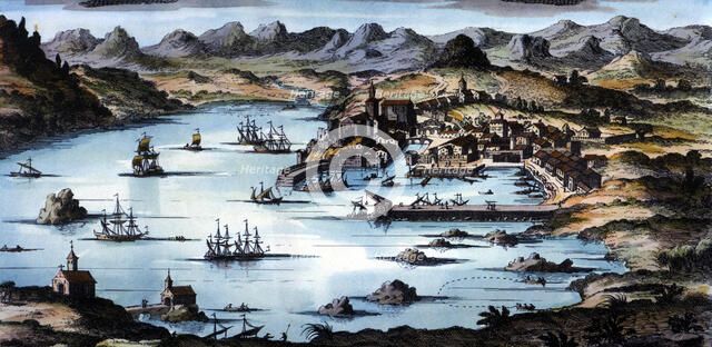 View of the city and the port of Santander, coloured engraving.
