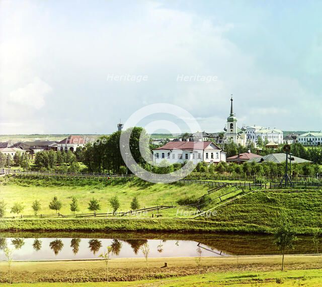 View of the city of Vytegra from a hill [Russian Empire], 1909. Creator: Sergey Mikhaylovich Prokudin-Gorsky.