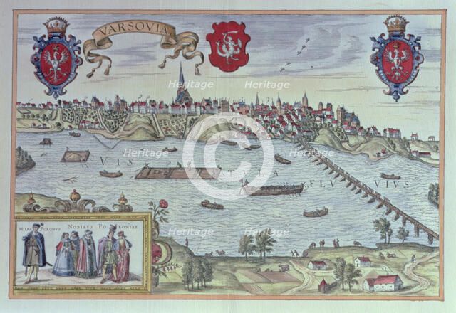 View of the city of Warsaw along the Vistula River, engraving in 'Alte Europäische Städtebilder'.