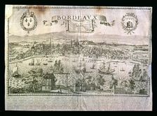 View of the city of Bordeaux with the Garonne river, metal engraving signed by Jollain