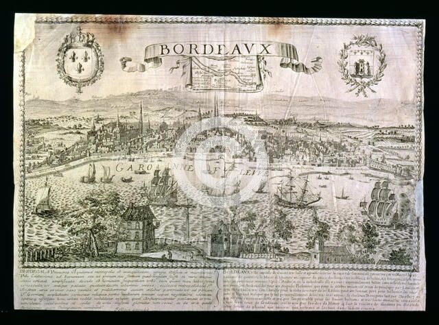 View of the city of Bordeaux with the Garonne river, metal engraving signed by Jollain.