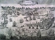 View of the city of Cádiz and its port, 17th century engraving