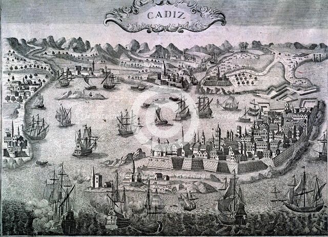View of the city of Cádiz and its port, 17th century engraving.