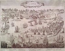 View of the city of Cadiz and its port, 17th century engraving