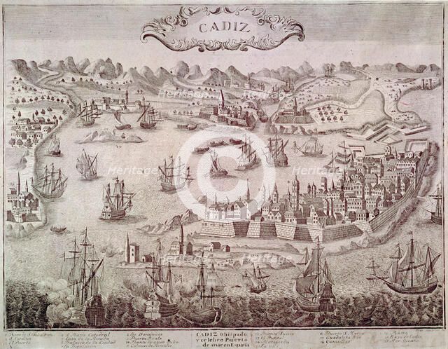 View of the city of Cadiz and its port, 17th century engraving.