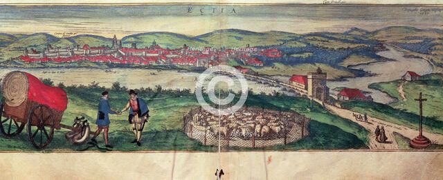 View of the city of Ecija and the Genil river. Engraving in the work 'Civitates Orbis Terrarum', …