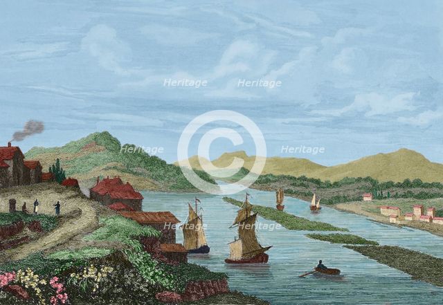 View of the city of Hudson, from the north looking south, United States, 1850. Creator: Jacques Gerard Milbert.