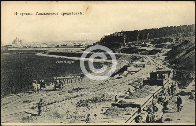 View of the city of Irkutsk from the Irkutsk Bridge. Glazkovskoe suburb, 1900-1904. Creator: Unknown.