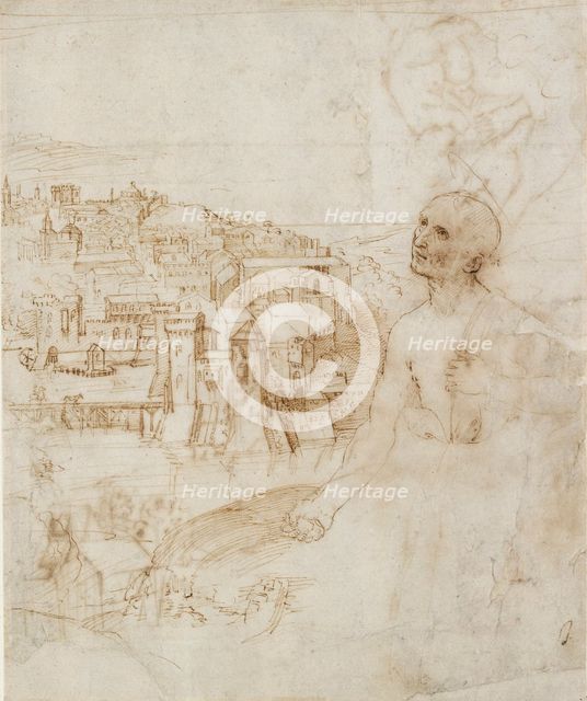 View of the city of Perugia, with the penitent St Jerome in the foreground, 1500-1504. Artist: Perugino.