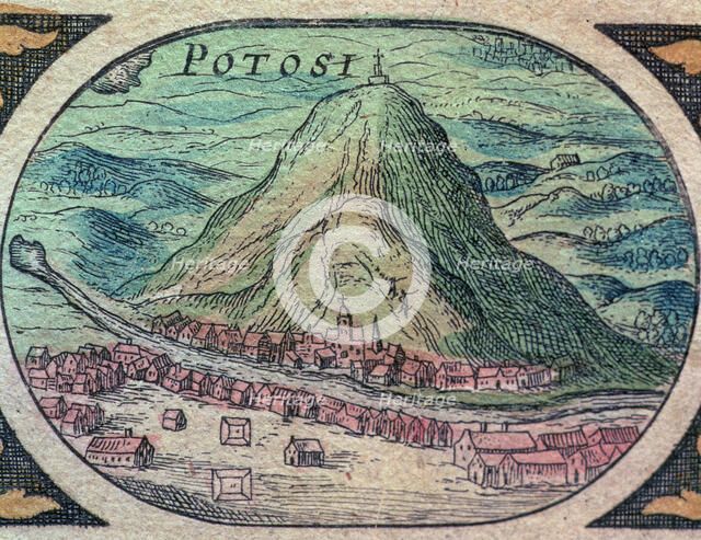 View of the city of Potosí with its famous hill, engraving in 'Nouvel Atlas', 1643.