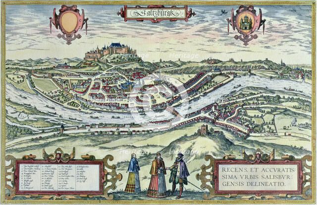 View of the city of Salzburg, on the banks of the Salzach River, with the Honensalzburg castle in…