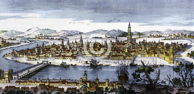 View of the city of Seville with Guadalquivir River, coloured engraving.