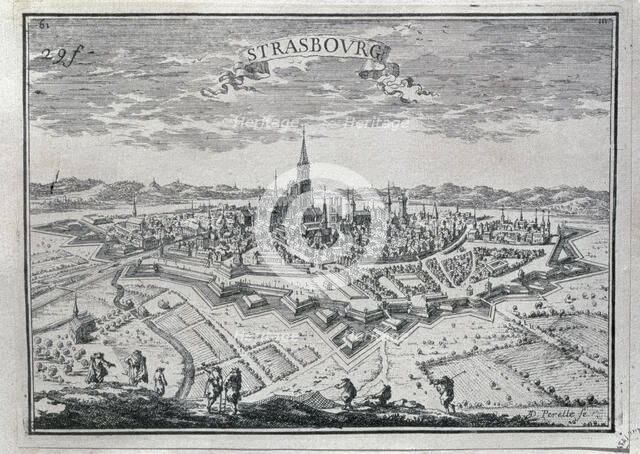 View of the city of Strasbourg, 17th century engraving.