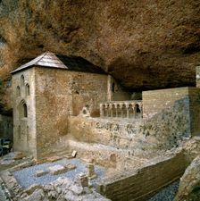 View of the cloister of San Juan de la Peña under the rock of the Benedictine monastery