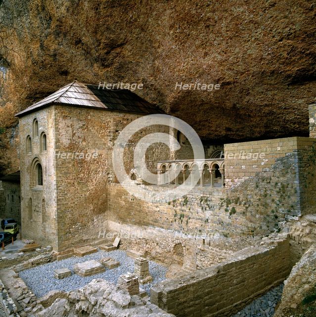 View of the cloister of San Juan de la Peña under the rock of the Benedictine monastery.
