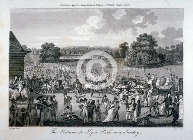 View of the crowded entrance to Hyde Park on a Sunday, London, 1804.                                 Artist: John Pass
